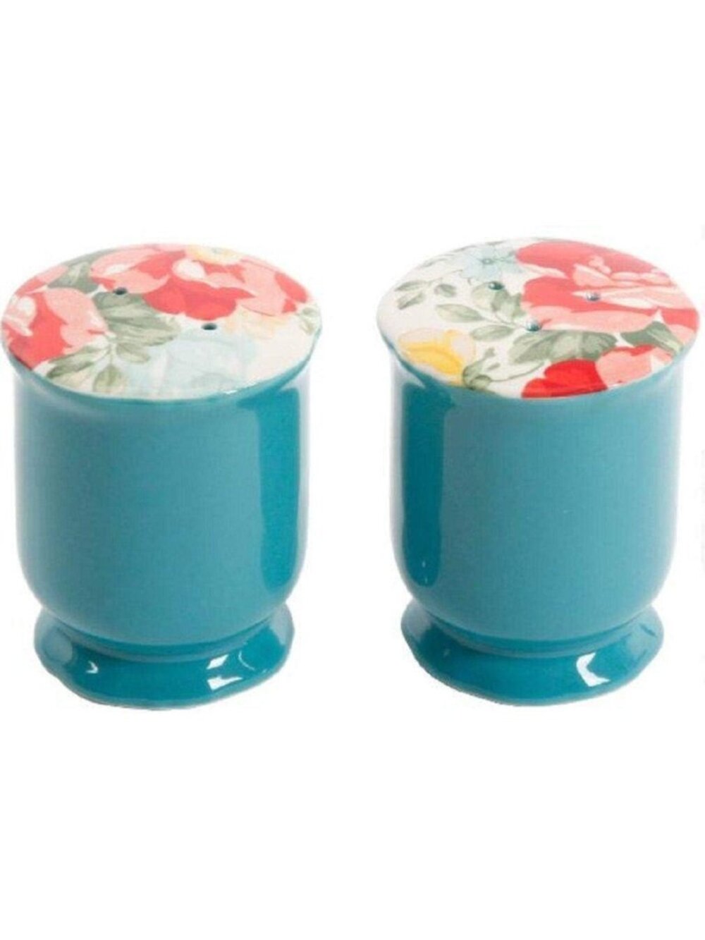 The Woman Pioneer Home White Teal Vintage Floral Ceramic Salt Pepper Shaker Set